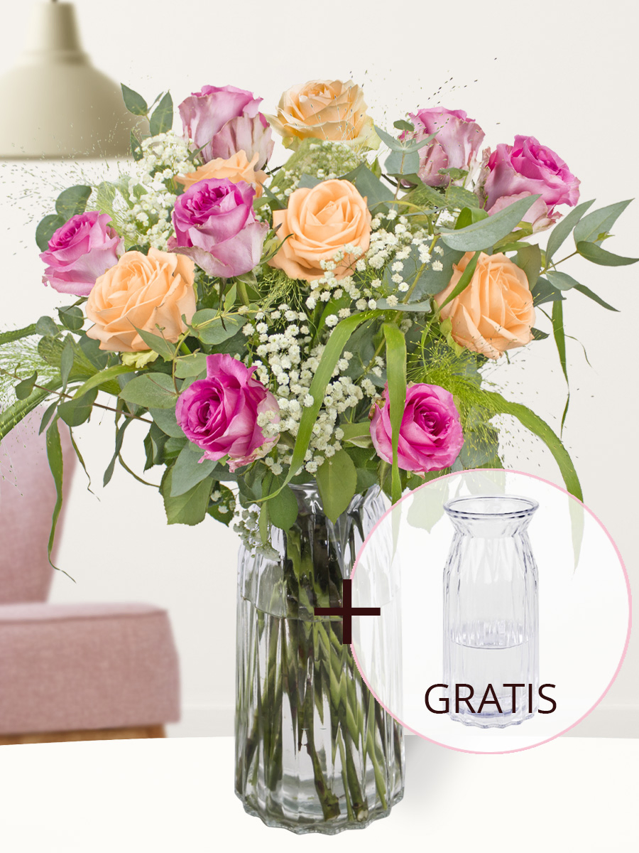 Rosenstrauß Apricot-Rosa + Gratis Glasvase